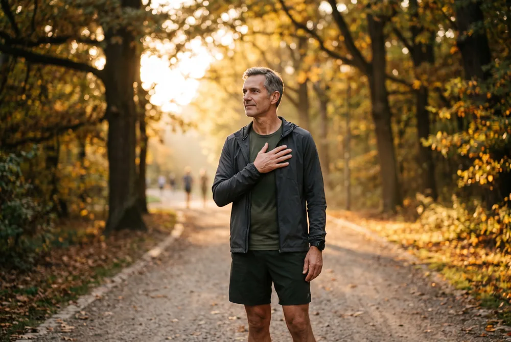 Sportlicher Mann Anfang 50 im Park, eine Hand am Herzen